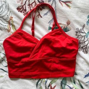 Lululemon red-orange Criss Cross bra top with triangle overlapping front